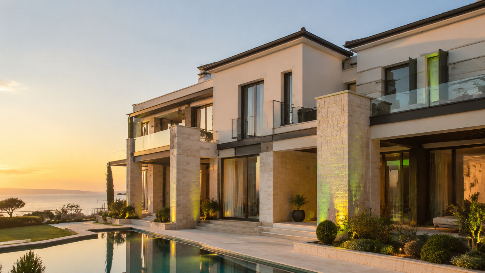 Contemporary residential architecture at sunset